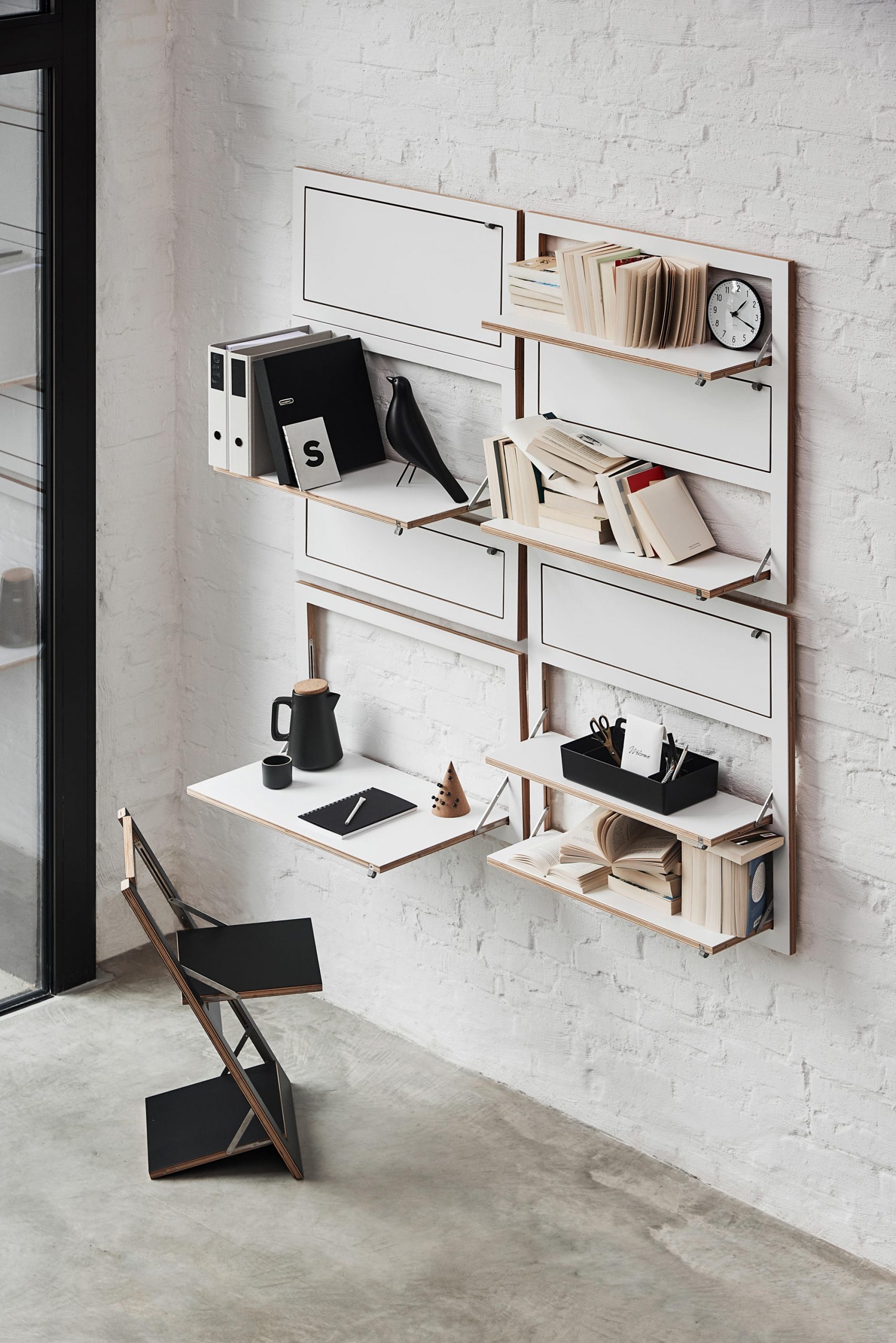 Fold away shelf that becomes a flexible desk when you need it