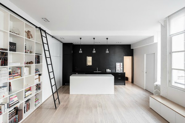 white invisible kitchen design island black ladder