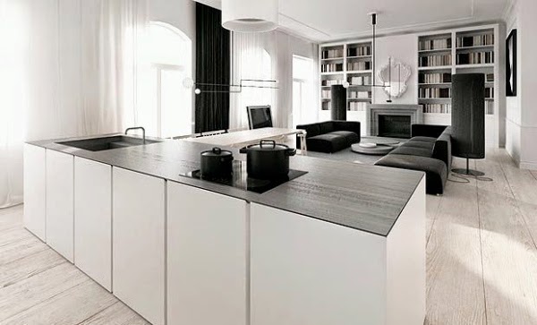 white invisible kitchen design island living room