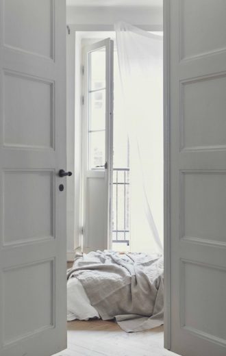 White Minimal bedroom with Original Double Doors